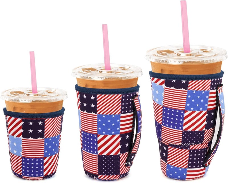 Snowso 3 Pack Iced Coffee sleeve Insulated Neoprene Cup Sleeves with handle For Cold Drinks Beverages, Reusable Cup Holder for 16oz-32oz Coffee Cups (Patriotic Patchwork) - Image 1